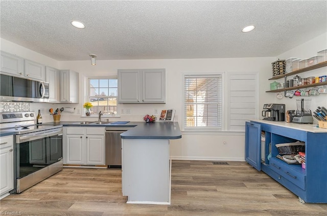 kitchen featuring light wood finished floors, dark countertops, appliances with stainless steel finishes, a peninsula, and a sink