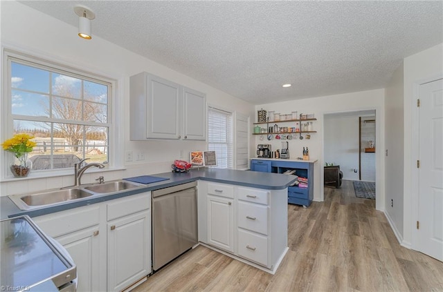 kitchen with a peninsula, a sink, white cabinets, a wealth of natural light, and dishwasher