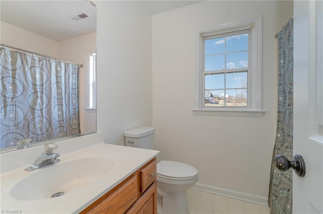 full bathroom with visible vents, baseboards, vanity, and toilet