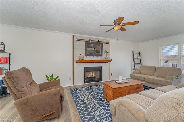 living room with a ceiling fan, light wood-style flooring, a textured ceiling, crown molding, and a fireplace