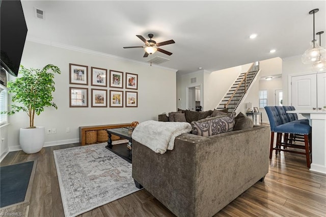 living room featuring ornamental molding, ceiling fan, and dark hardwood / wood-style flooring