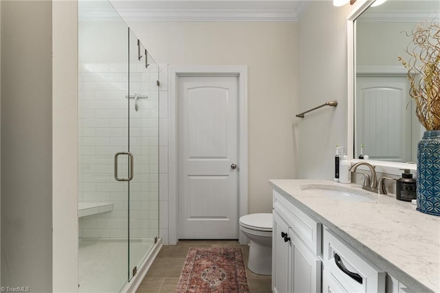 bathroom featuring vanity, an enclosed shower, ornamental molding, and toilet