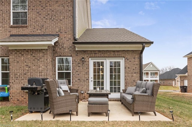 back of property featuring a patio, an outdoor hangout area, and a yard