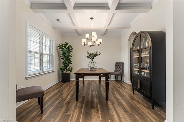 home office featuring dark hardwood / wood-style flooring, beam ceiling, coffered ceiling, and crown molding