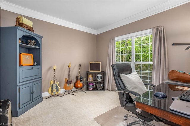 carpeted office featuring ornamental molding and baseboards