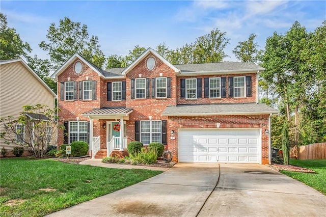 view of front of home with a front lawn, brick siding, driveway, and an attached garage