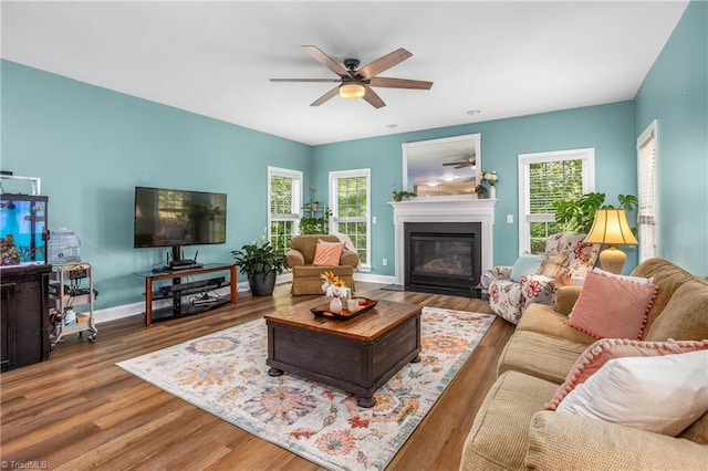 living room featuring dark wood-style floors, a wealth of natural light, a glass covered fireplace, and baseboards