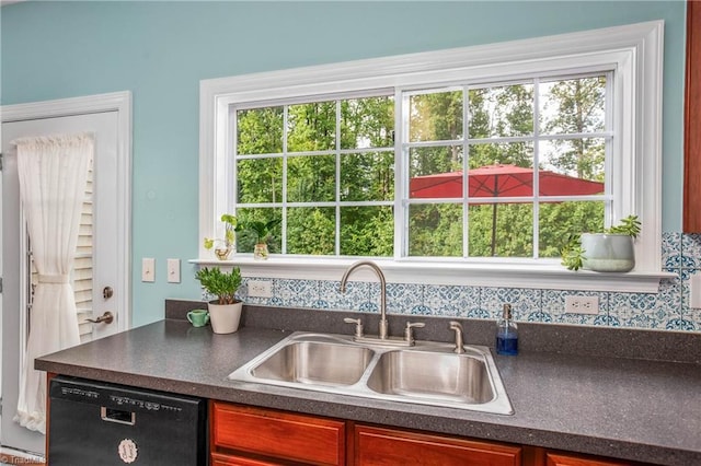 kitchen featuring plenty of natural light, dark countertops, a sink, and dishwasher