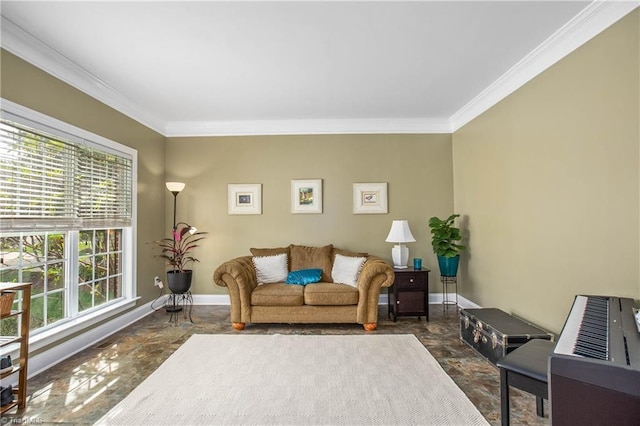 living area featuring baseboards and ornamental molding