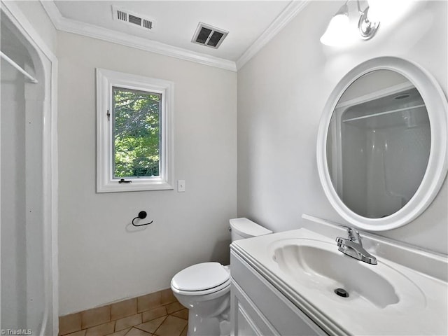bathroom featuring walk in shower, toilet, visible vents, and tile patterned floors