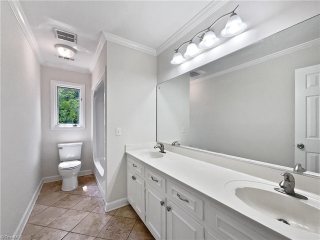 bathroom with visible vents, a sink, crown molding, and toilet