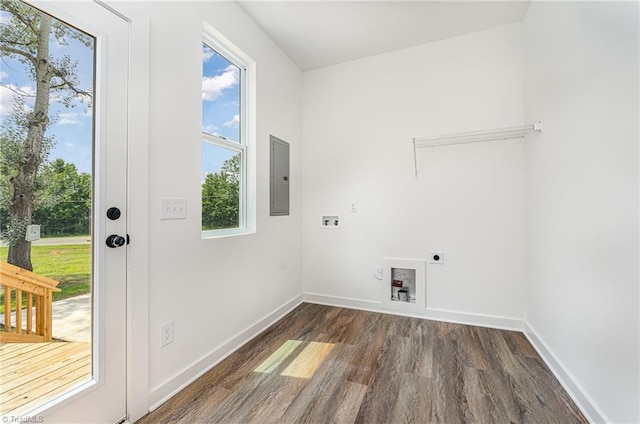 4000 Groometown Rd, Greensboro, NC 27407 - washroom with hookup for an electric dryer, electric panel, dark wood-style floors, and hookup for a washing machine