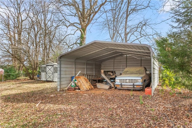 view of shed with a carport and fence