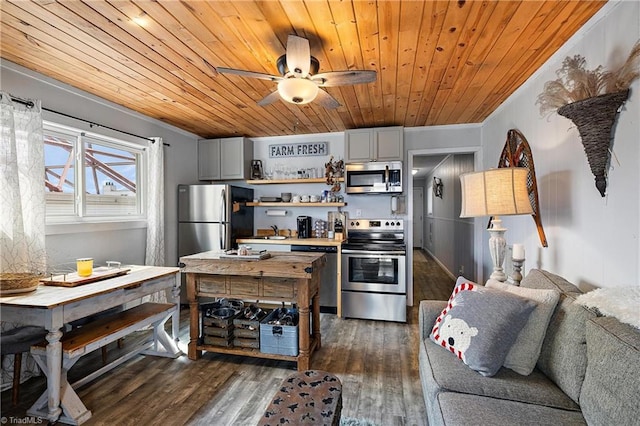 kitchen with wood ceiling, stainless steel appliances, sink, and dark hardwood / wood-style floors