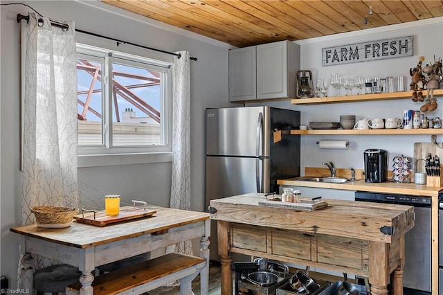 kitchen with appliances with stainless steel finishes, wooden ceiling, and sink