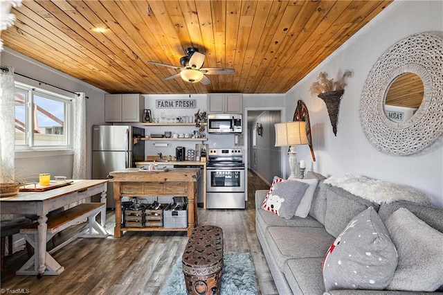 kitchen featuring ornamental molding, ceiling fan, dark hardwood / wood-style flooring, wood ceiling, and appliances with stainless steel finishes