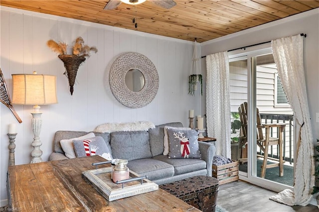 living room featuring ceiling fan, wood ceiling, hardwood / wood-style floors, and wood walls