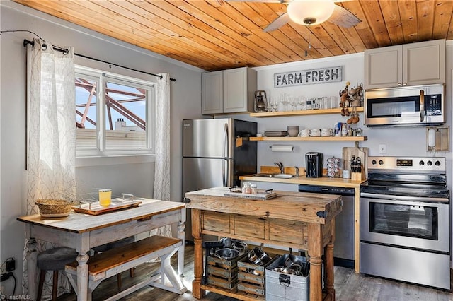 kitchen featuring dark wood-type flooring, stainless steel appliances, ceiling fan, wooden ceiling, and sink