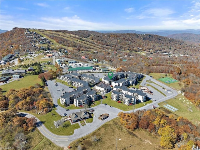 drone / aerial view featuring a mountain view