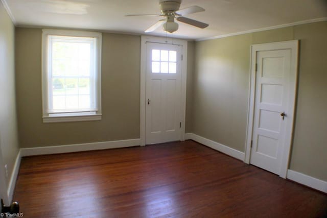 2289 W Pine St, Mount Airy, NC 27030 - entryway with crown molding, wood finished floors, a ceiling fan, and baseboards