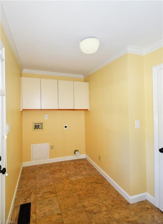 laundry area with ornamental molding, hookup for a washing machine, hookup for a gas dryer, and hookup for an electric dryer