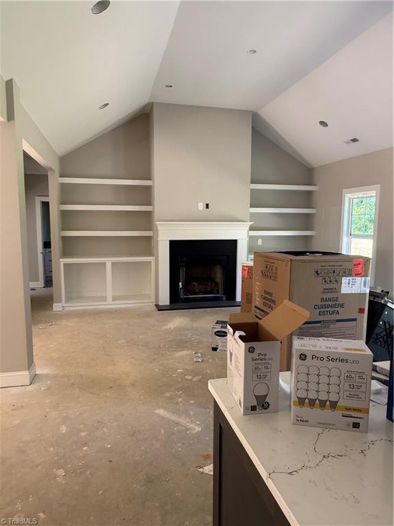 2566 NC Highway 801 S, Advance, NC 27006 - living area featuring vaulted ceiling, a fireplace with raised hearth, and built in shelves