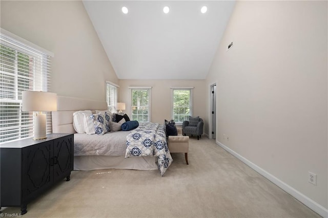 6303 Reata Ct, Summerfield, NC 27358 - bedroom with high vaulted ceiling, light carpet, and recessed lighting