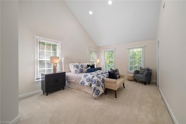 6303 Reata Ct, Summerfield, NC 27358 - bedroom with carpet, high vaulted ceiling, and recessed lighting