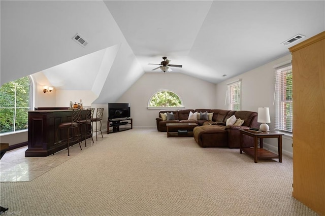 6303 Reata Ct, Summerfield, NC 27358 - living room with a ceiling fan, carpet, a dry bar, and lofted ceiling