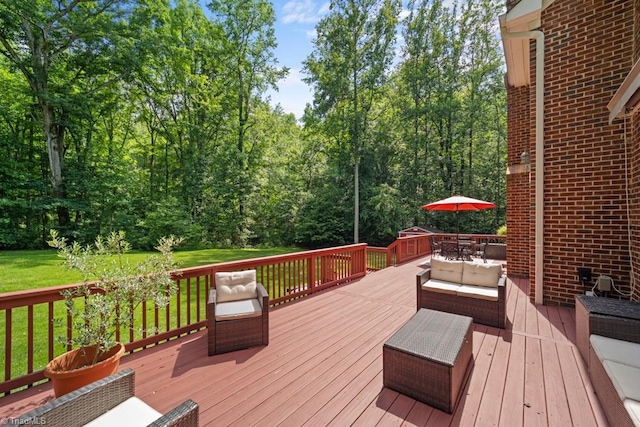 6303 Reata Ct, Summerfield, NC 27358 - wooden deck featuring outdoor dining area, a yard, and outdoor lounge area