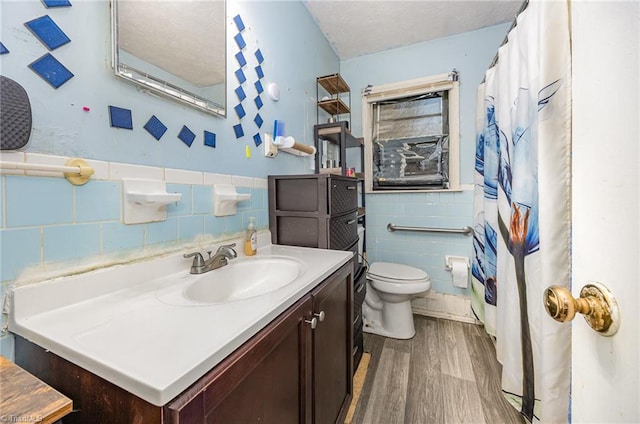 full bath with toilet, a wainscoted wall, and vanity