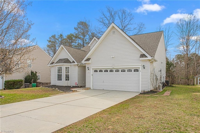 view of front facade with a front lawn, central air condition unit, roof with shingles, a garage, and driveway