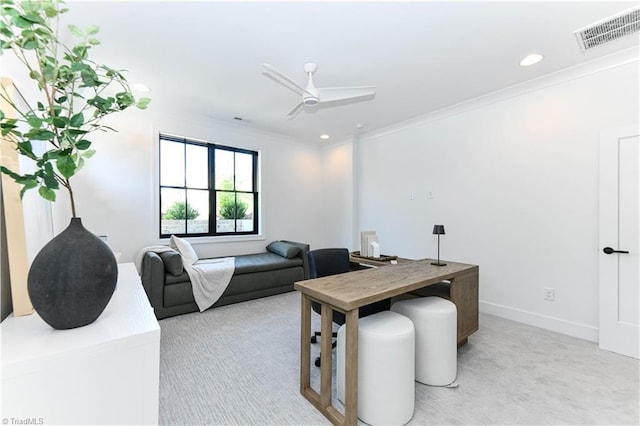 living area featuring a ceiling fan, visible vents, light carpet, and recessed lighting