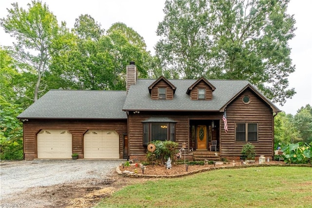 log home with a garage and a front lawn