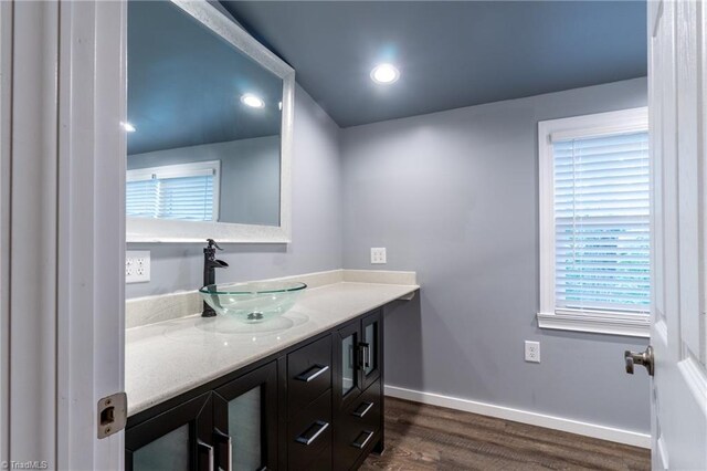 bathroom with wood-type flooring and vanity