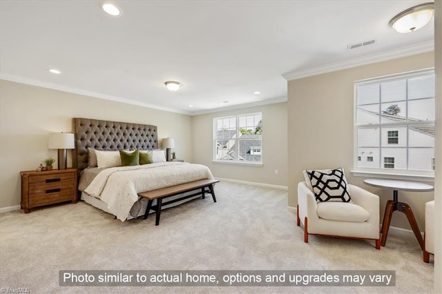 carpeted bedroom featuring crown molding, baseboards, recessed lighting, and visible vents