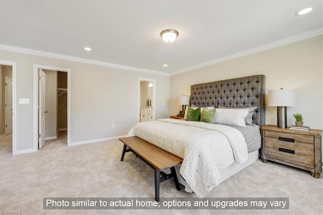 bedroom featuring a walk in closet, baseboards, ornamental molding, carpet flooring, and recessed lighting