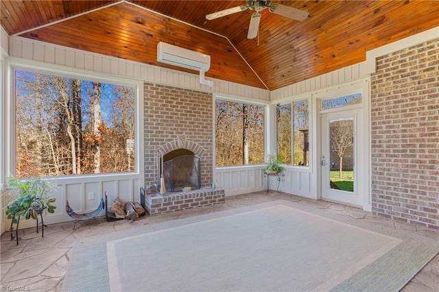 unfurnished sunroom featuring an outdoor brick fireplace, vaulted ceiling, ceiling fan, wood ceiling, and a wall unit AC