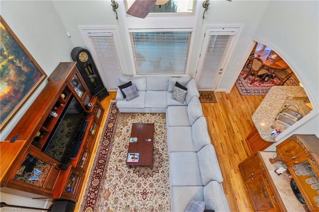 living room with light hardwood / wood-style flooring and sink