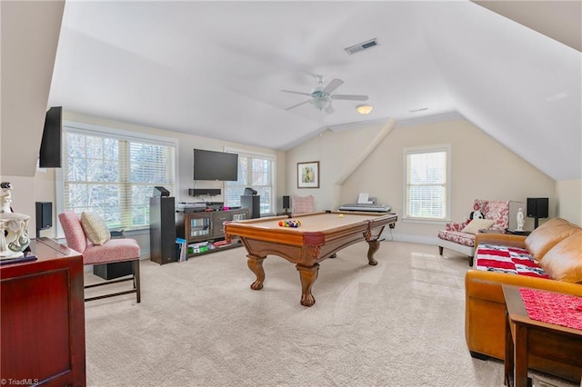 recreation room with ceiling fan, lofted ceiling, light carpet, and billiards