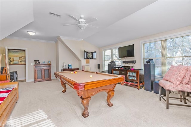 playroom with lofted ceiling, light carpet, crown molding, billiards, and ceiling fan