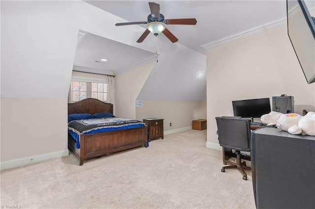 carpeted bedroom with crown molding, ceiling fan, and lofted ceiling