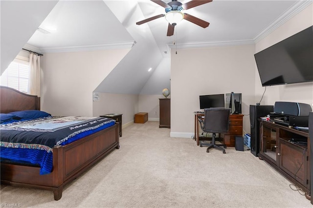 carpeted bedroom featuring vaulted ceiling, ceiling fan, and crown molding