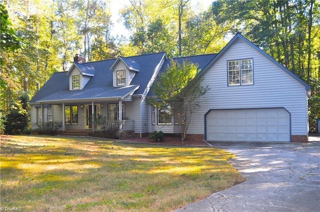 cape cod house with a garage, covered porch, and a front yard