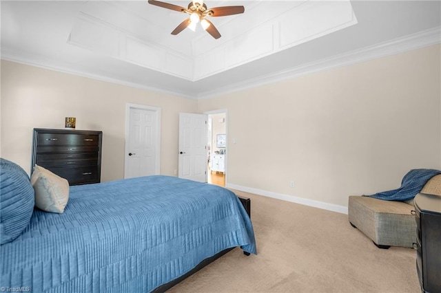 153 Montauk Ct, Clemmons, NC 27012 - bedroom featuring carpet floors, ornamental molding, a tray ceiling, and ceiling fan
