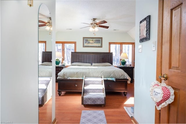 bedroom featuring a ceiling fan, multiple windows, and wood finished floors