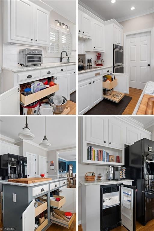 kitchen with pendant lighting, white cabinetry, backsplash, ornamental molding, and black fridge with ice dispenser