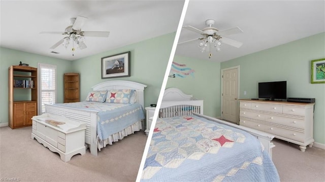 bedroom featuring light colored carpet and ceiling fan