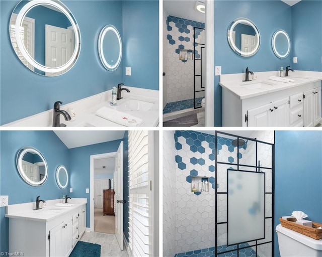 bathroom featuring vanity, tiled shower, and toilet