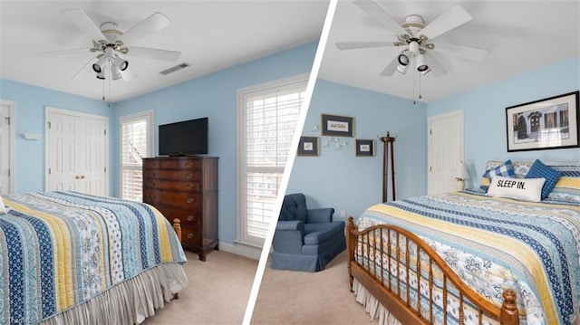 carpeted bedroom featuring ceiling fan